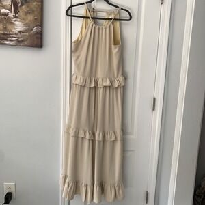 Caramela Beige Halter Tiered Ruffle Maxi Sun Dress Sz S